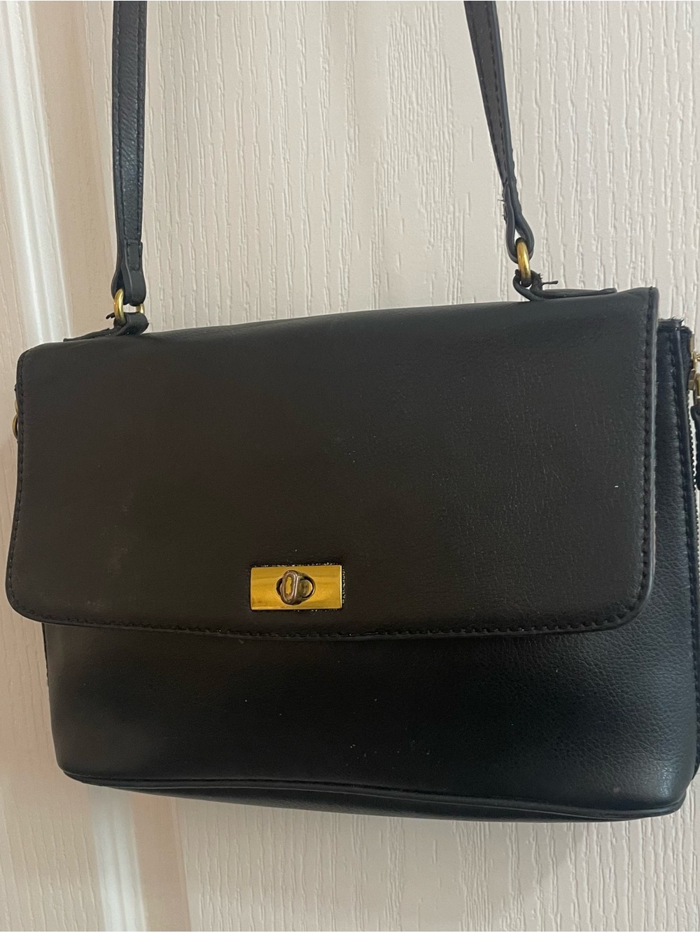 J. Crew Classic Black Shoulder Bag with Gold Turn-Lock, appx 7-1/2” X 10” X 2”